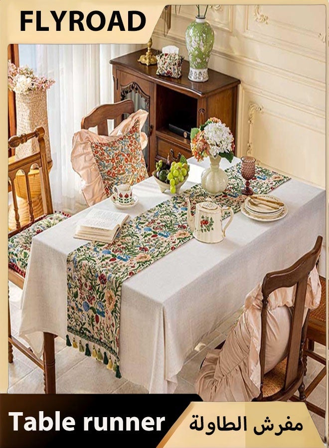فلاي رود مفرش طاولة فاخر مطبوع مع شرابات ملونة على الطراز البوهيمي من الكتان لتزيين طاولة الطعام والمطبخ والديكور المنزلي والحفلات (40*180 سم) - Image 1