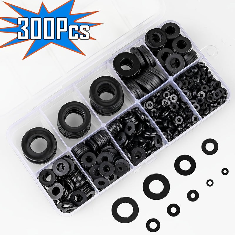 300 Pcs Black Nylon Coated Polyester Flat Gasket Sealing Rings M2 To M10 High Temperature Resistant Electrical Connections Marine Applications Durable Fastening Accessories - Image 1