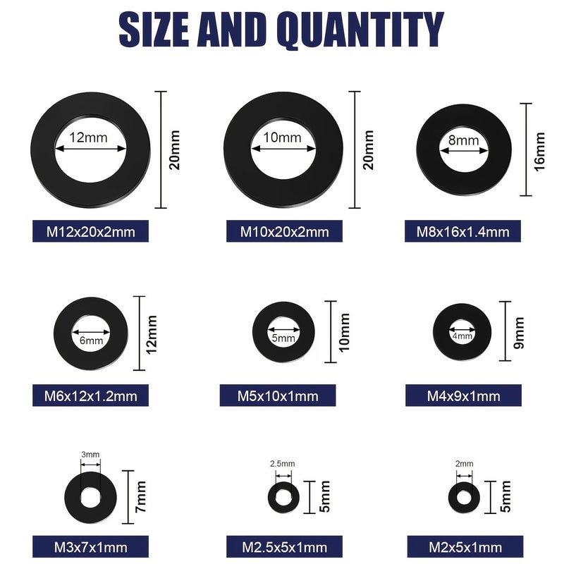 300 Pcs Black Nylon Coated Polyester Flat Gasket Sealing Rings M2 To M10 High Temperature Resistant Electrical Connections Marine Applications Durable Fastening Accessories - Image 3