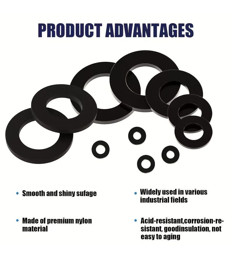 300 Pcs Black Nylon Coated Polyester Flat Gasket Sealing Rings M2 To M10 High Temperature Resistant Electrical Connections Marine Applications Durable Fastening Accessories - Image 5