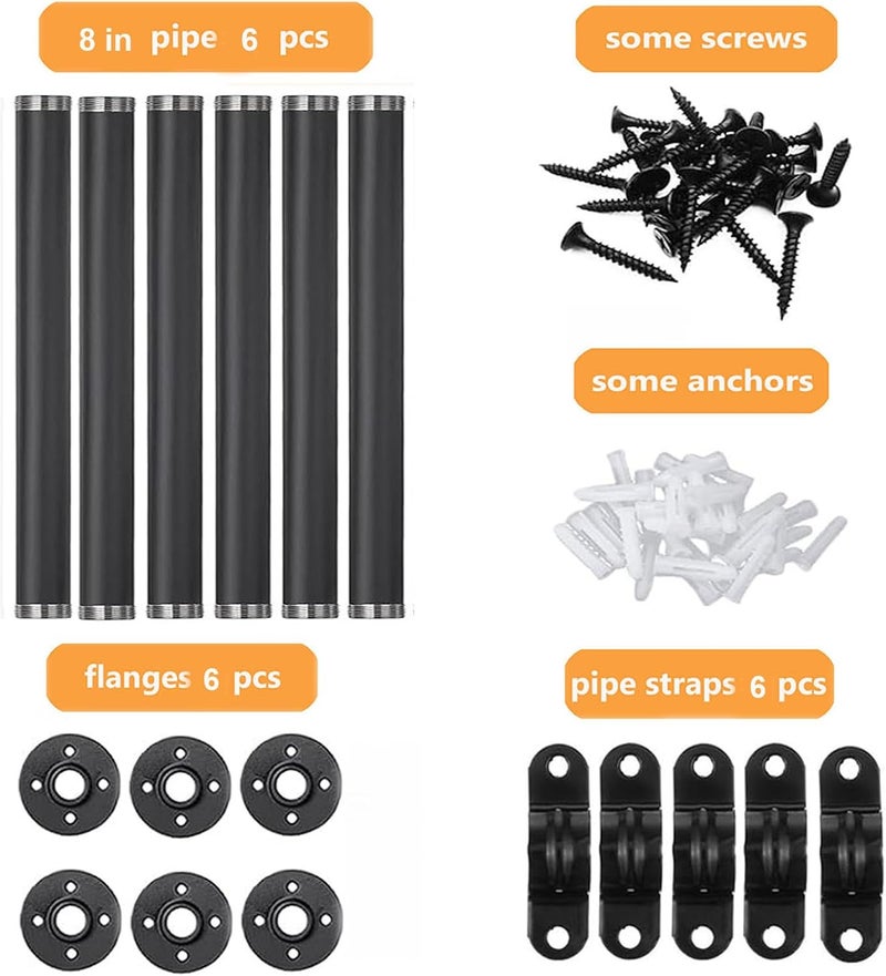 YCCO Industrial Black Iron Pipe Shelf Brackets Wall Mount DIY Shelving Brackets Pipe Decor Wall Rustic Garment Rack Hardware Included, 8 Inch Set of 6 - Image 5