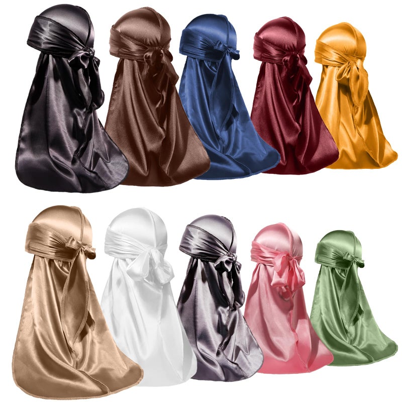 ForceWave 10 Pieces Silky Durags Long Tail for Women Men Satin Durag 360 Waveï¼ŒDorag, 10 Pieces - Image 1