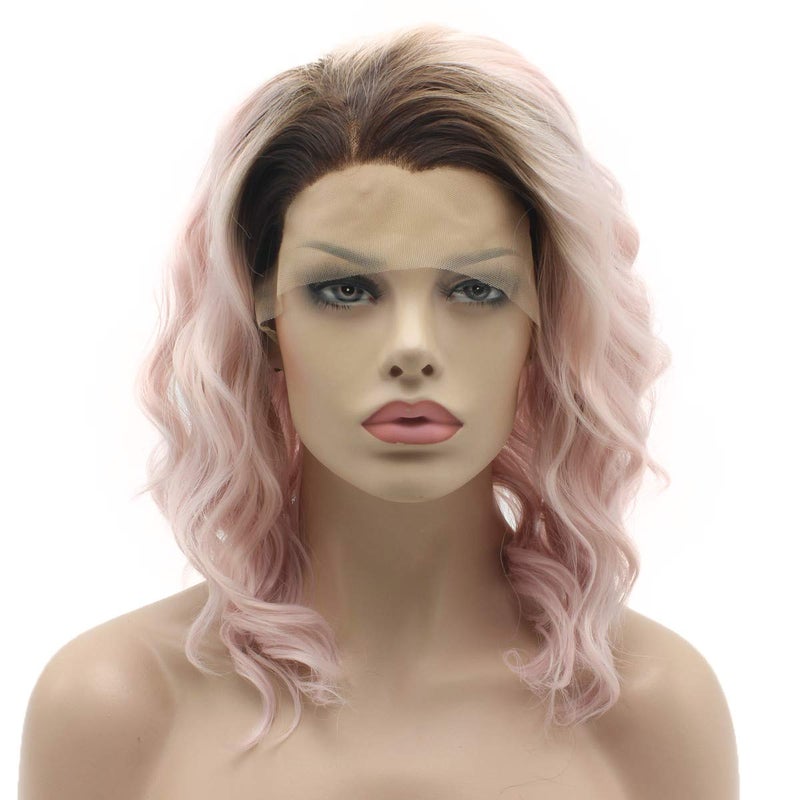 Lushy Synthetic Wavy Wig, Medium Length, 14inch, Dark Root Pink Ombre, Heavy Density, Realistic Lace Front, Heat Resistant