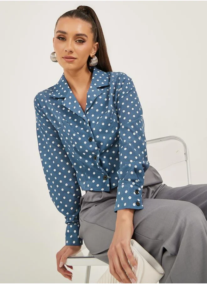 كوزى Polka Dot Print Long Sleeve Crop Shirt