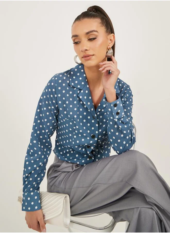 كوزى Polka Dot Print Long Sleeve Crop Shirt