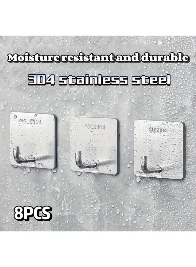 8 عبوات من خطافات الحائط اللاصقة، خطافات معطف مربعة ذاتية اللصق شديدة التحمل، خطافات ملابس مربعة من الفولاذ المقاوم للصدأ، خطاف منشفة مضاد للصدأ للحمام، المطبخ، التعليق، المنشفة، المفتاح (فضي) - Image 1