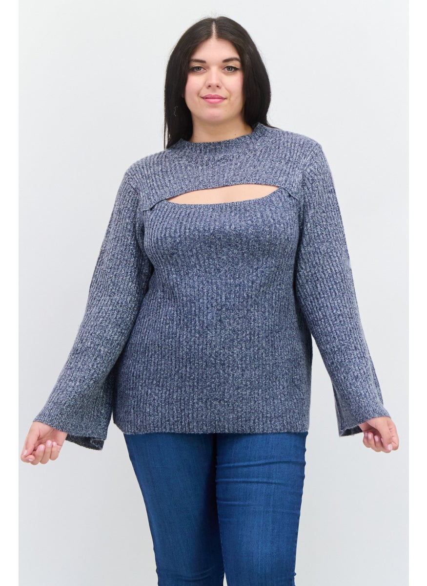 Jessica Simpson Women Plus Size Mock Neck Long Sleeve Knitted Sweater, Light Navy  - Image 1