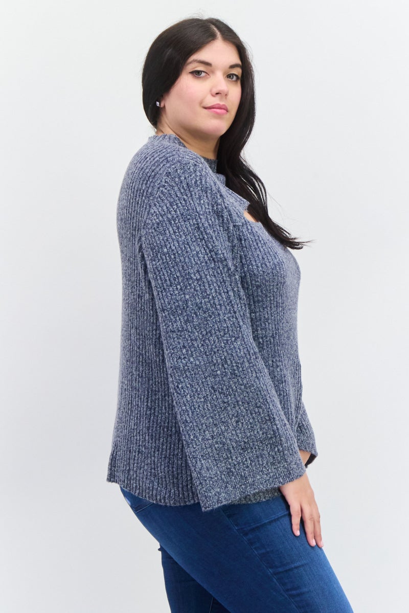 Jessica Simpson Women Plus Size Mock Neck Long Sleeve Knitted Sweater, Light Navy - Image 2