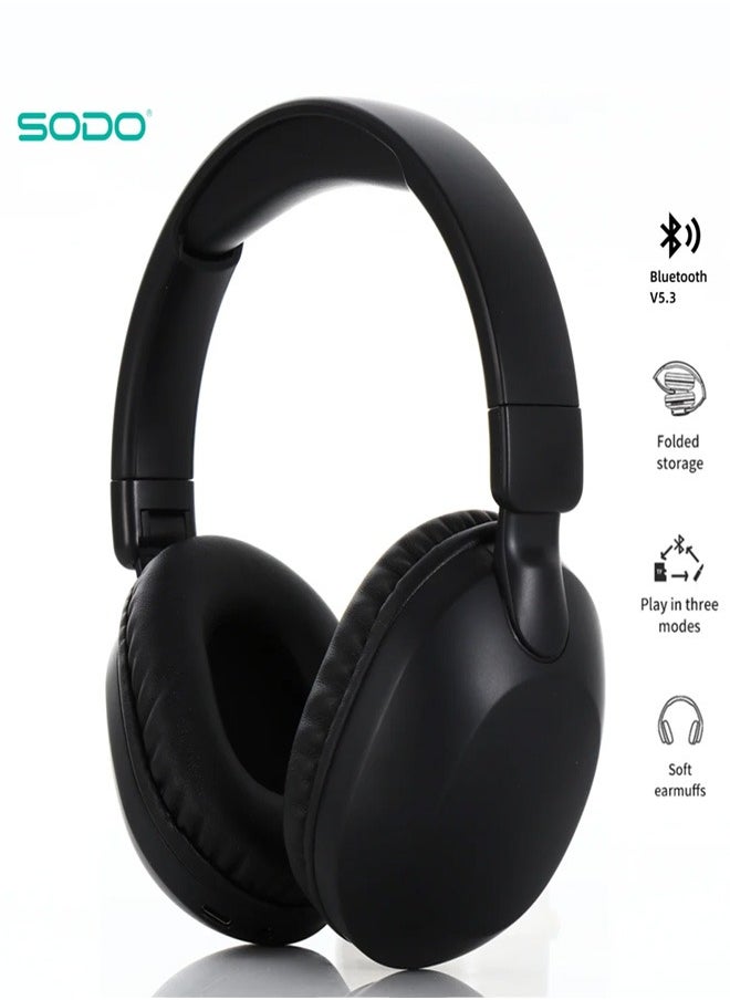 سماعة رأس لاسلكية Sodo SD 1102 ، بلوتوث V5.3 مع ميكروفون مدمج و تدعم بطاقة SD - أسود