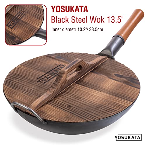 YOSUKATA Cast Iron Wok Cover - Premium Wok Cover 13.5 inch Pan Lid - Wooden Wok Lid 13.5 in with Ergonomic Handle - Condensate-free 13.5 inch Lid - Wok Accessories for Genuine Asian Cooking - Image 4