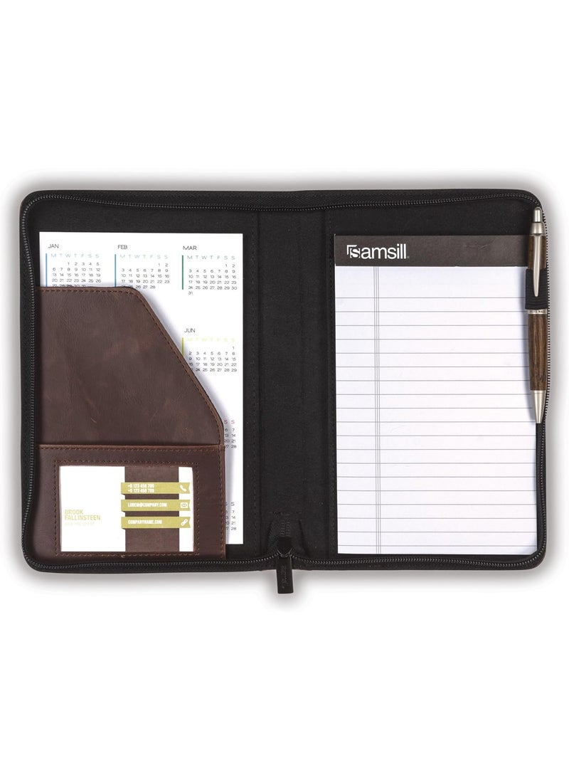 Samsill Samsill Small Vintage PortfolioZipper Faux Leather Portfolio Book Style Hardback Design Business  Interview Padfolio Organizer Holds 5 x 8 Writing Pad Dark Brown  - Image 2