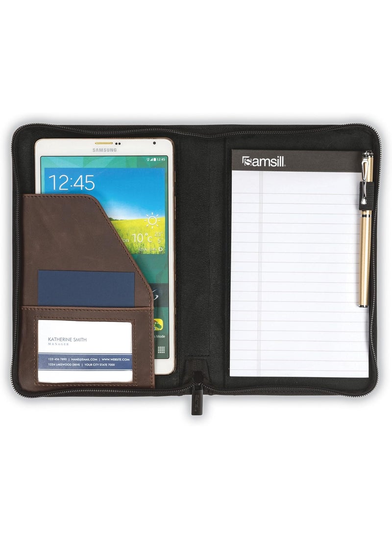 Samsill Samsill Small Vintage PortfolioZipper Faux Leather Portfolio Book Style Hardback Design Business  Interview Padfolio Organizer Holds 5 x 8 Writing Pad Dark Brown  - Image 3