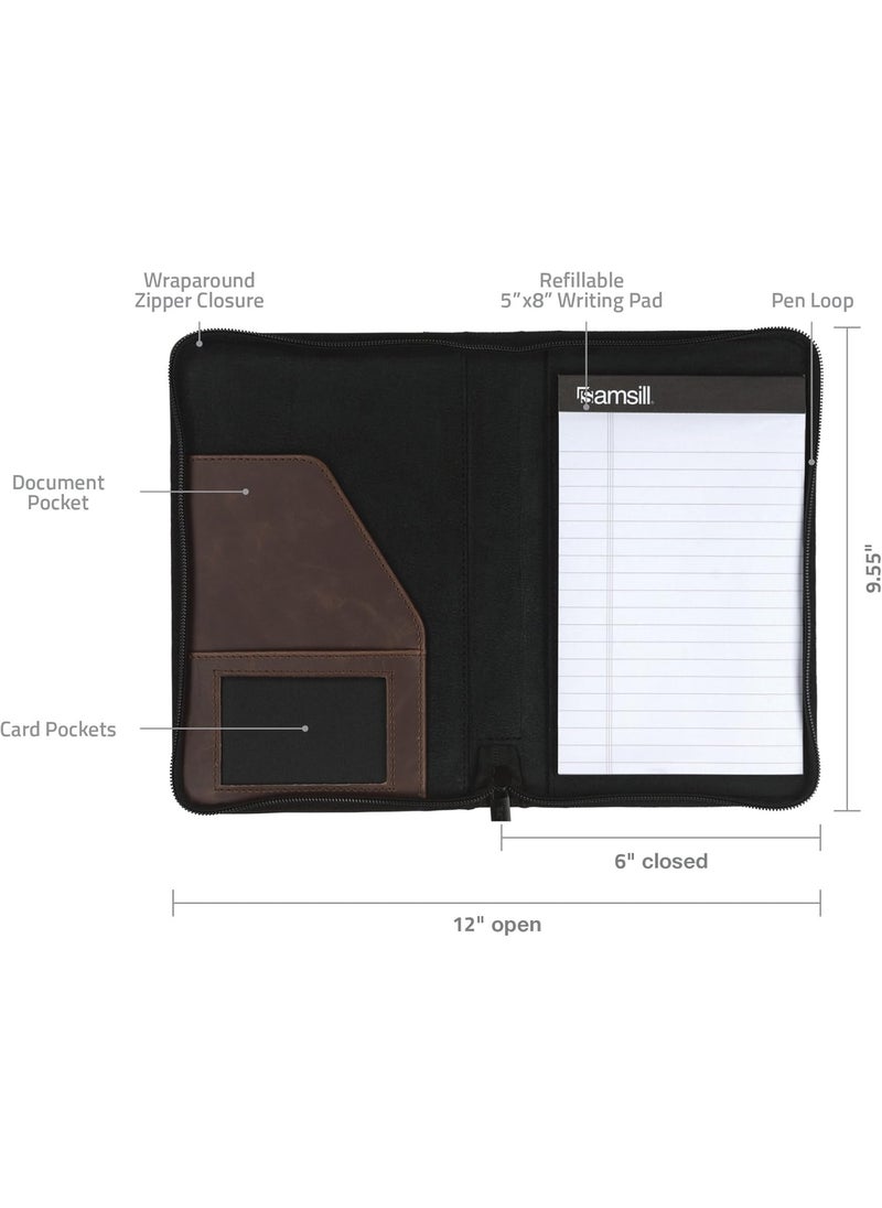 Samsill Samsill Small Vintage PortfolioZipper Faux Leather Portfolio Book Style Hardback Design Business  Interview Padfolio Organizer Holds 5 x 8 Writing Pad Dark Brown  - Image 4