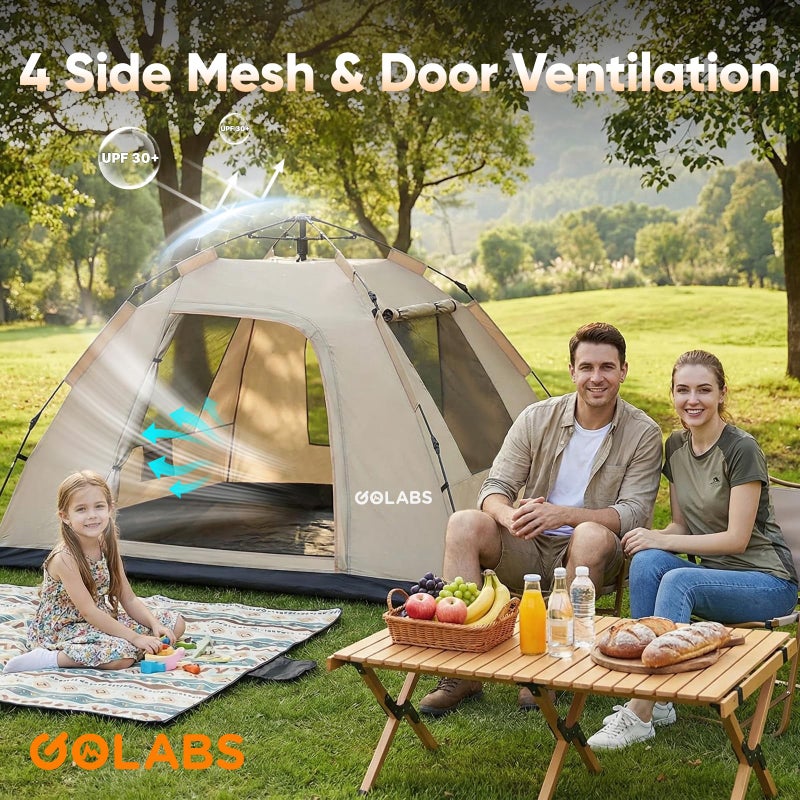 Golabs CT3 2 Person Instant Camping Tent, 1-Minute Setup by Pre-Attached Pole, 4 Side Mesh & Door Ventilation, Lightweight 4.8lbs Portable Design with Carry Bag, Inner Storage Pockets & Hooks for Park - Image 3
