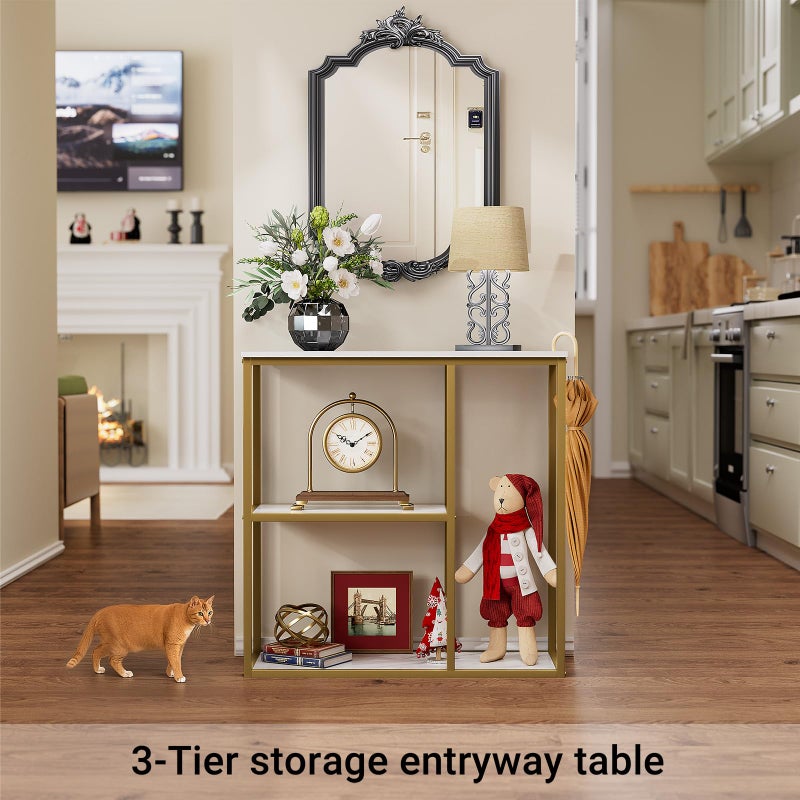 WOHOMO 31.5" Narrow Console Table with 3-Tier Storage, Industrial Sofa Table for Entryway, Living Room & Hallway - Gold Marble Faux Top, Sturdy Metal Frame - Image 3