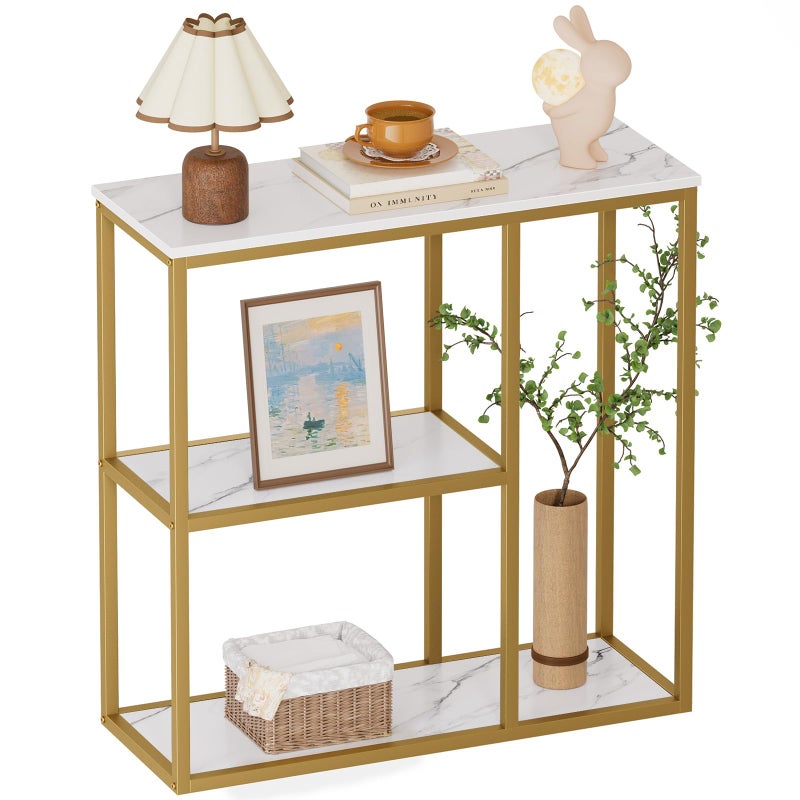 WOHOMO 31.5" Narrow Console Table with 3-Tier Storage, Industrial Sofa Table for Entryway, Living Room & Hallway - Gold Marble Faux Top, Sturdy Metal Frame - Image 1