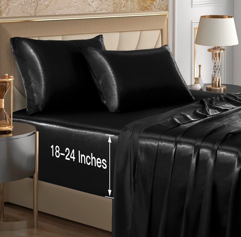 VACVELT 4pcs Extra Deep Pocket Satin Sheets Queen Size Bed Set Black Satin Sheet Set Fit 1824 Inch Deep Pocket Mattress Silky  Luxury Satin Bedding Set Soft  Ultra Deep Fitted Sheet Set