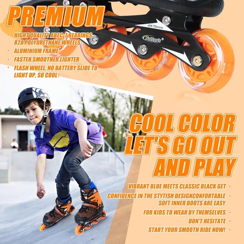 Nattork Adjustable Inline Skates for Youth with Light Up Wheels - Orange - Image 4