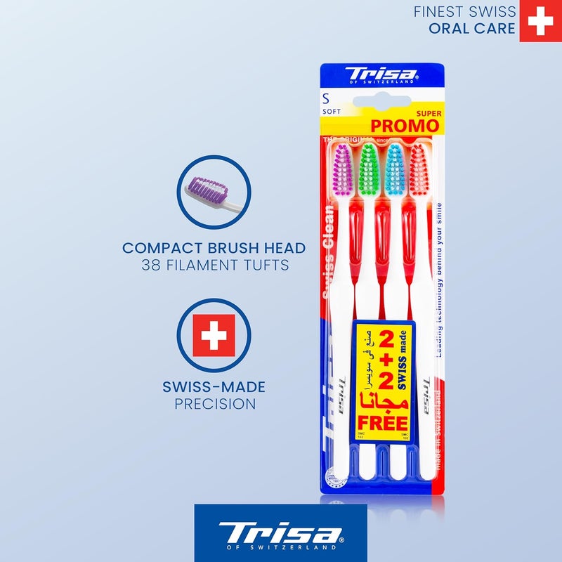 Trisa Swiss Clean Soft Adult Toothbrush - Compact Brush Head with Perfectly Round Filaments, Assorted Colors, 2+2 Free - Image 2