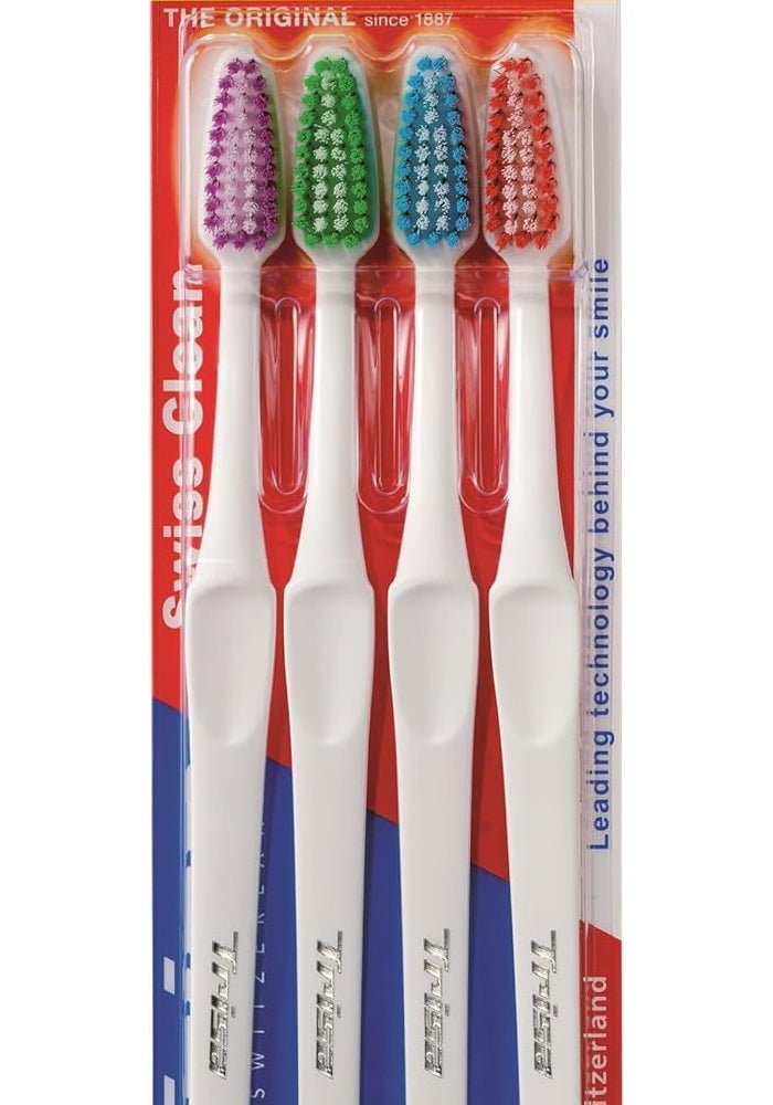 Trisa Swiss Clean Soft Adult Toothbrush - Compact Brush Head with Perfectly Round Filaments, Assorted Colors, 2+2 Free - Image 1