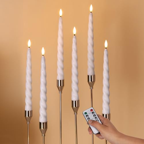 Girimax White Flameless Taper Candles with Remote Spiral Candles Battery Operated Flickering LED Wax Candlesticks Set of 6 - Image 1