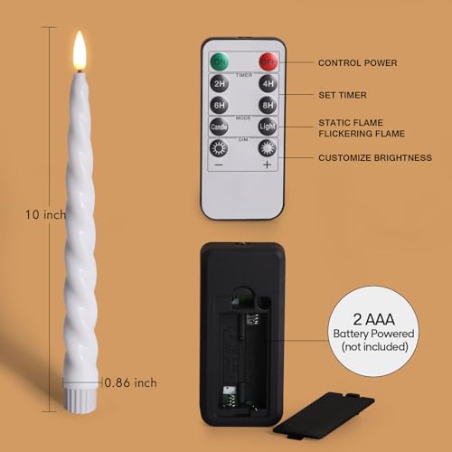 Girimax White Flameless Taper Candles with Remote Spiral Candles Battery Operated Flickering LED Wax Candlesticks Set of 6 - Image 3