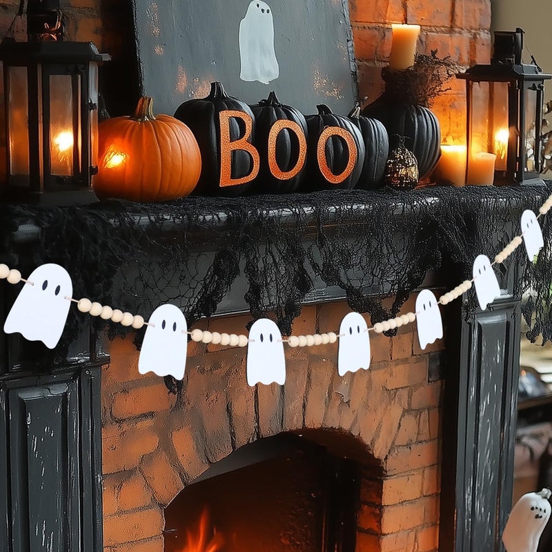 CESOF Halloween Garland Decorations - Adjustable Cute Hanging Ghost Garlands Fireplace Decor - Pre-Strung Aesthetic Boho Wood Beads Mantel Garland for Home Room Indoor Farmhouse Office Wall Decor - Image 1