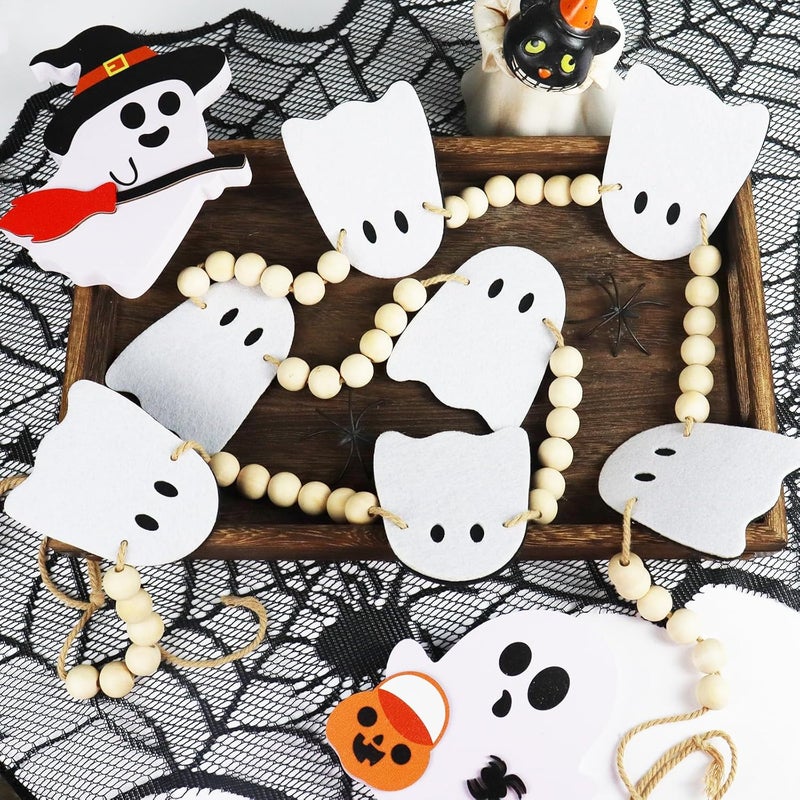 CESOF Halloween Garland Decorations - Adjustable Cute Hanging Ghost Garlands Fireplace Decor - Pre-Strung Aesthetic Boho Wood Beads Mantel Garland for Home Room Indoor Farmhouse Office Wall Decor - Image 4
