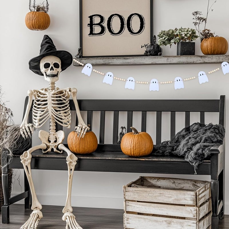 CESOF Halloween Garland Decorations - Adjustable Cute Hanging Ghost Garlands Fireplace Decor - Pre-Strung Aesthetic Boho Wood Beads Mantel Garland for Home Room Indoor Farmhouse Office Wall Decor - Image 5