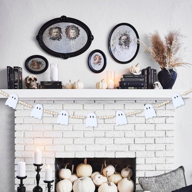 CESOF Halloween Garland Decorations - Adjustable Cute Hanging Ghost Garlands Fireplace Decor - Pre-Strung Aesthetic Boho Wood Beads Mantel Garland for Home Room Indoor Farmhouse Office Wall Decor - Image 3