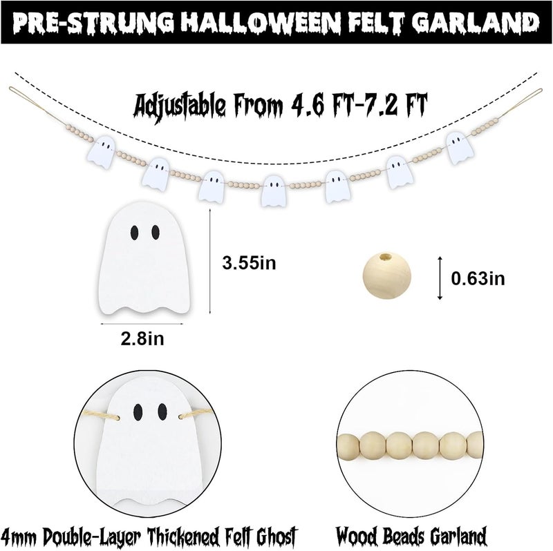 CESOF Halloween Garland Decorations - Adjustable Cute Hanging Ghost Garlands Fireplace Decor - Pre-Strung Aesthetic Boho Wood Beads Mantel Garland for Home Room Indoor Farmhouse Office Wall Decor - Image 2