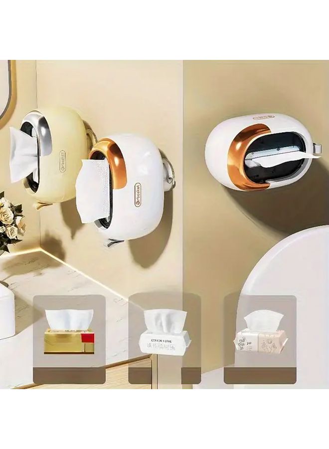 White Golden Suction Cup Tissue Box Holder Wall Mounted Spring Loaded Design - Image 1