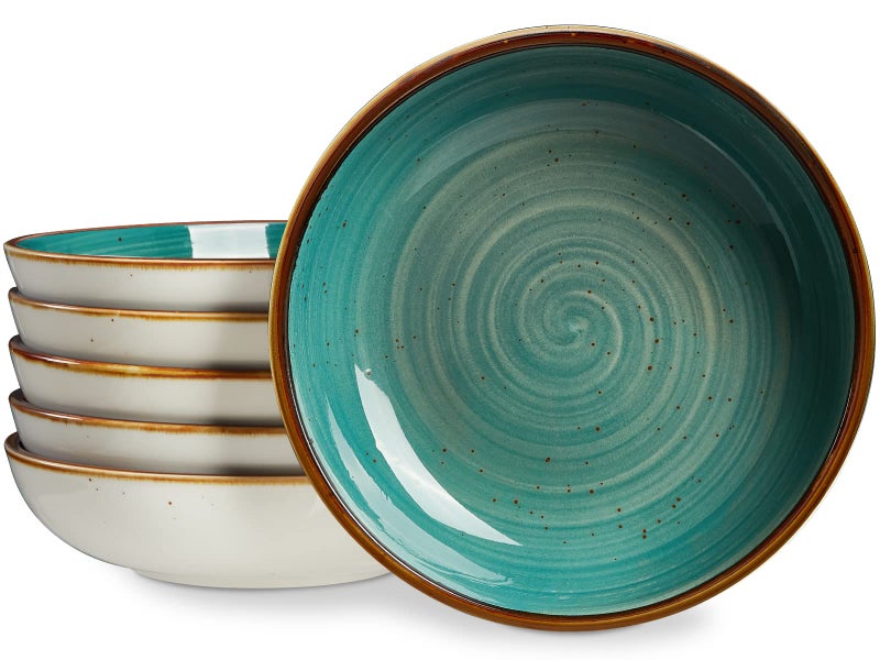 ONEMORE Porcelain Salad Pasta Bowls 30 Ounce Set of 6 Ceramic Salad Dinner plates Bowls Shallow  Wide Serving Bowls for Soup Dessert Pizza Microwave  Dishwasher Safe Kitchen Dinnerware Teal