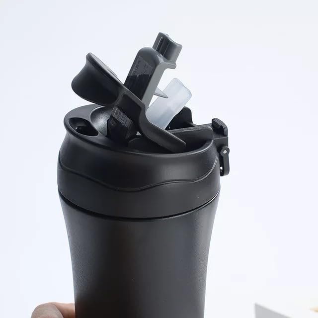 daiDokoro 400ML Dual Drink Vacuum Insulated Tea Coffee Tumbler Flask | Stainless Steel Travel Mug with Silicon Straw Lock Sip Lid | Hot & Cold Beverage Container - Charcoal Black - Image 3