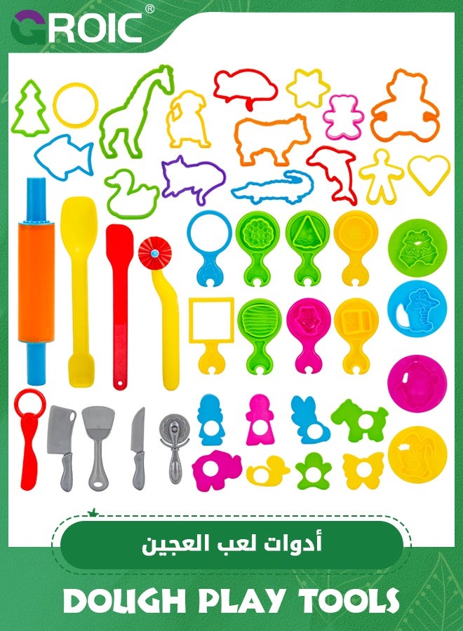 GROIC 45 Pcs Dough Play Tools for Kids,Dough Accessories Molds Dinosaur Fruit Roller Cutter,Party Favors Set,Dough Tools Set for Kids,Plastic Animal Molds for Creative Dough Cutting  - Image 1