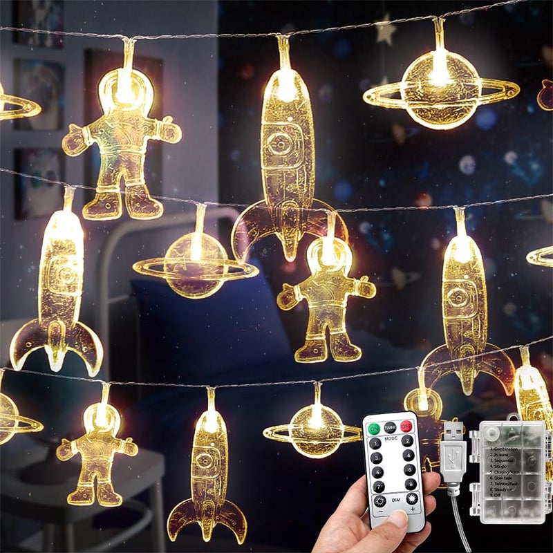 20 LED Childrens Room LED String Light Astronaut Spaceship Rocket Pendants Holiday Party Lights Wall Window Nursery or Kids room Decor Wedding Around the Garden Party Patio Christmas Warm White