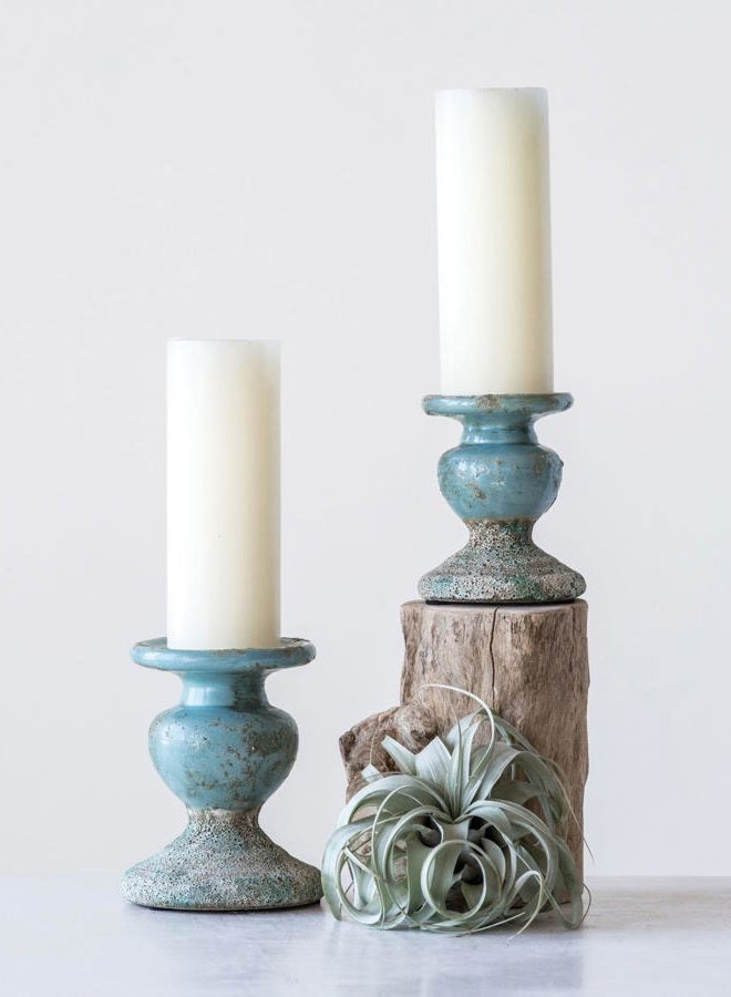 Creative Co-op Large Distressed Blue Terracotta Pillar Candle Holder - Image 3