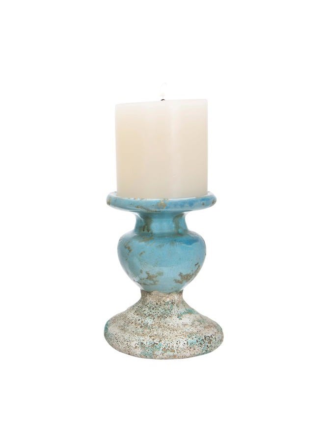 Creative Co-op Large Distressed Blue Terracotta Pillar Candle Holder - Image 1