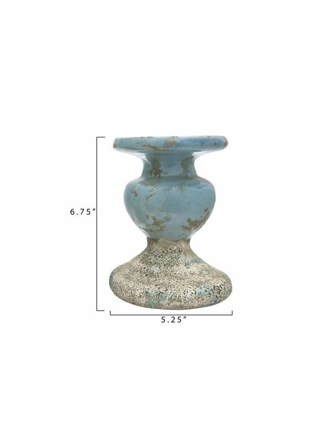 Creative Co-op Large Distressed Blue Terracotta Pillar Candle Holder - Image 2
