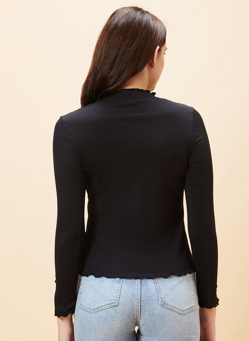 Globus Women's Black Self Design Lettuce Edge Casual Knit Top with Round Neck and Long Sleeves - Image 5