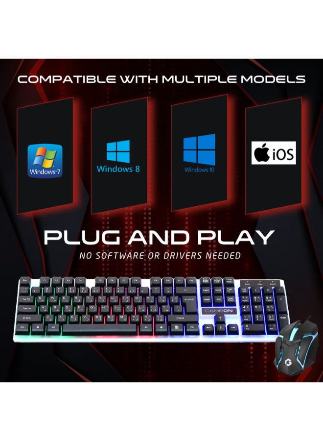 GAMEON DOMINION Series GO21KM-B Wired Keyboard & Mouse Combo, English/Arabic Full Size 104 Key Keyboard + 1600 DPI Mouse, Rainbow Backlight, USB Plug and Play for Windows/Mac/Android - Image 3