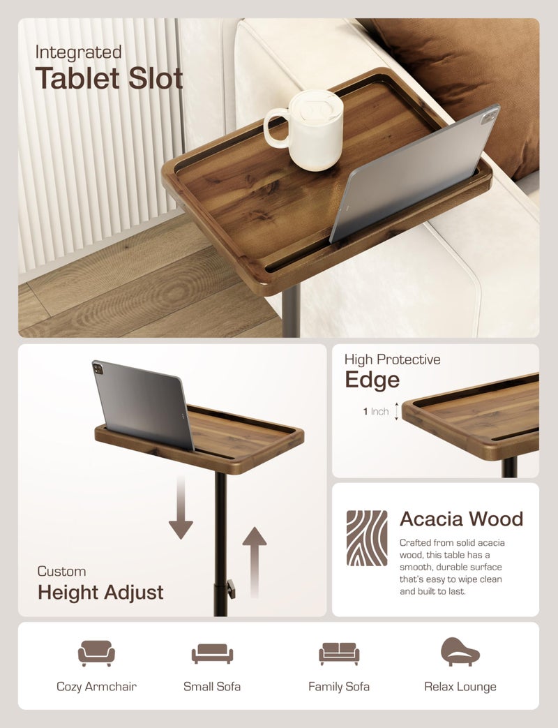 HOLANA Acacia Wood Adjustable C-Shaped Couch Table â€“ 360Â° Swivel Side Table for Sofa - Small End Table for iPad, Laptop, or TV Tray â€“ Eating Trays for Living Room or Bedside Use (Walnut) - Image 3