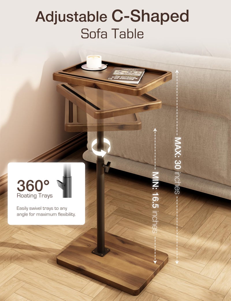 HOLANA Acacia Wood Adjustable C-Shaped Couch Table â€“ 360Â° Swivel Side Table for Sofa - Small End Table for iPad, Laptop, or TV Tray â€“ Eating Trays for Living Room or Bedside Use (Walnut) - Image 2