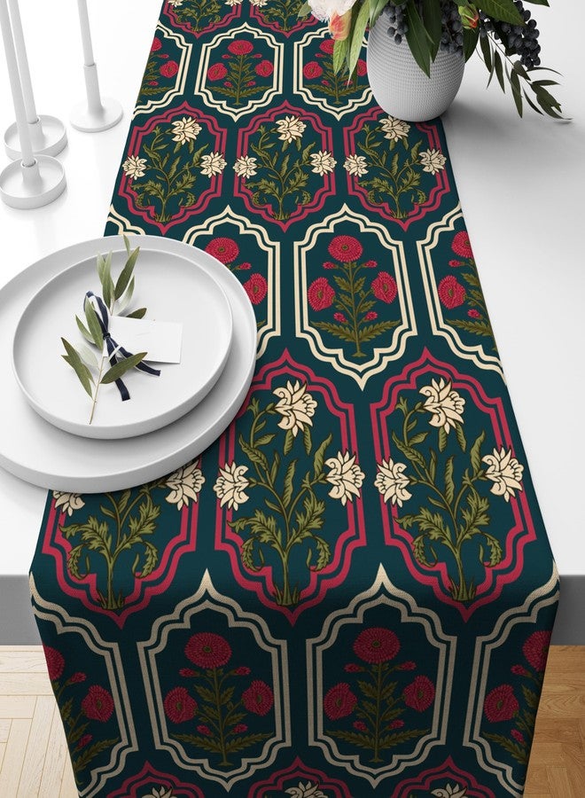 Astitva Cotton Table Runner - 13 x 72 Inches | Teal Green, Rajputana WallFlower Print Dining Table Cloth | Elegant 6-8 Seater Runner - Image 1