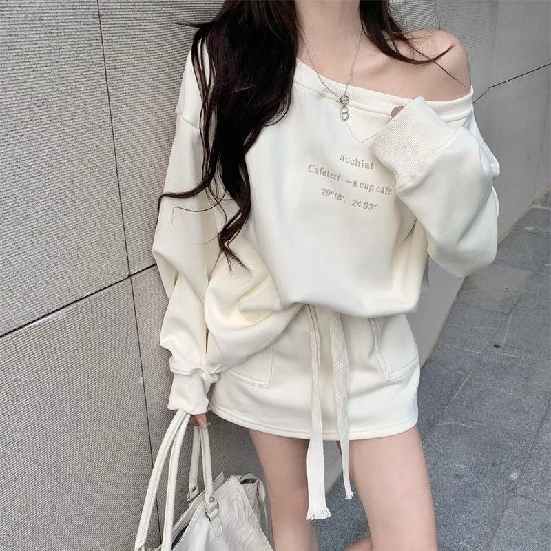 Womens Printed Sweatshirt High Waist Skirt Two-Piece Set Casual Versatile Drawstring Halter Neck Long Sleeve Cotton Blend creamy-white suit - Image 1