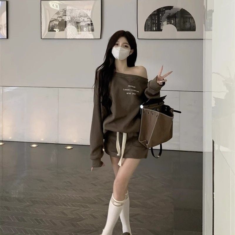 Womens Printed Sweatshirt High Waist Skirt Two-Piece Set Casual Versatile Drawstring Halter Neck Long Sleeve Cotton Blend creamy-white suit - Image 5