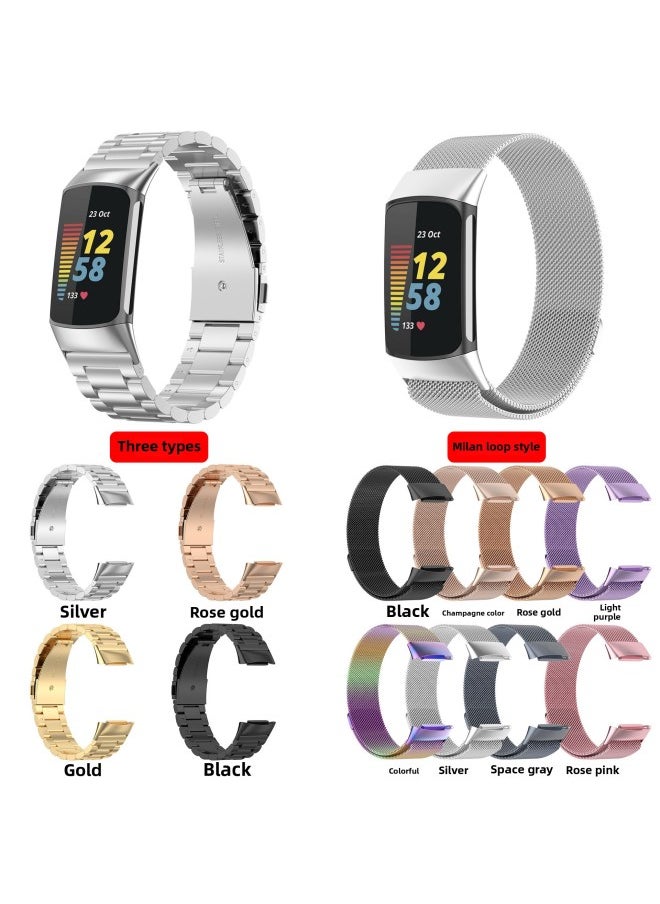 Generic - Suitable For Fitbit Charge 6 Milanese Nice Strap Charge 5 Three Bead Metal Solid Steel Strap-Color:Milan Space Gray - Image 1