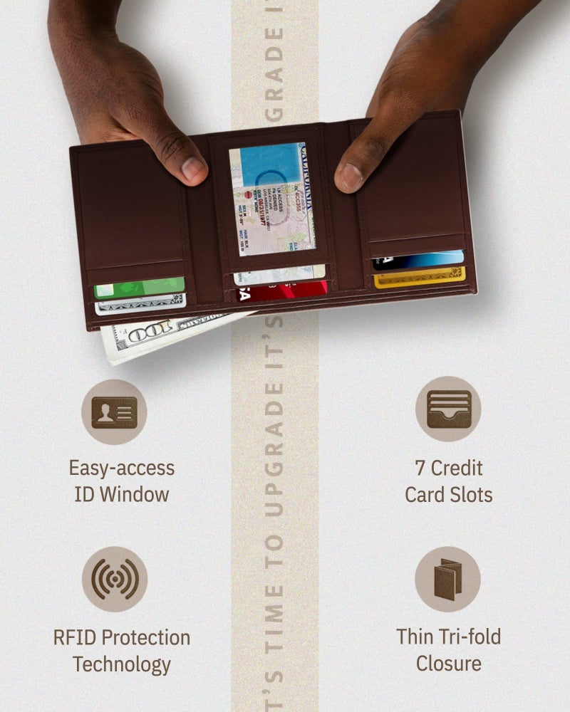 Access Denied Genuine Leather Wallets For Men - Trifold Mens Wallet With ID Window RFID Blocking,Coffee Bean - Image 3