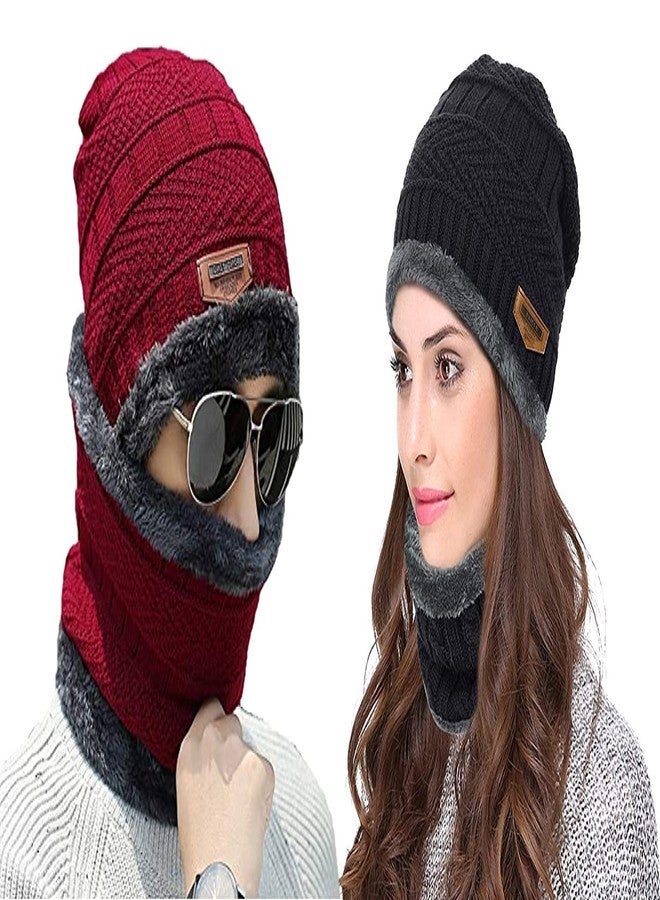 BeFall Woolen Beanie/Skull Cap & Neck Warmer (Muffler) Combo For Winters With InSide Fur | Warm Hat | Hedging Hat Scarf Set | Woolen Cap | Ear Warmer Neck Warmer set (BLACK-MAROON) - Image 4