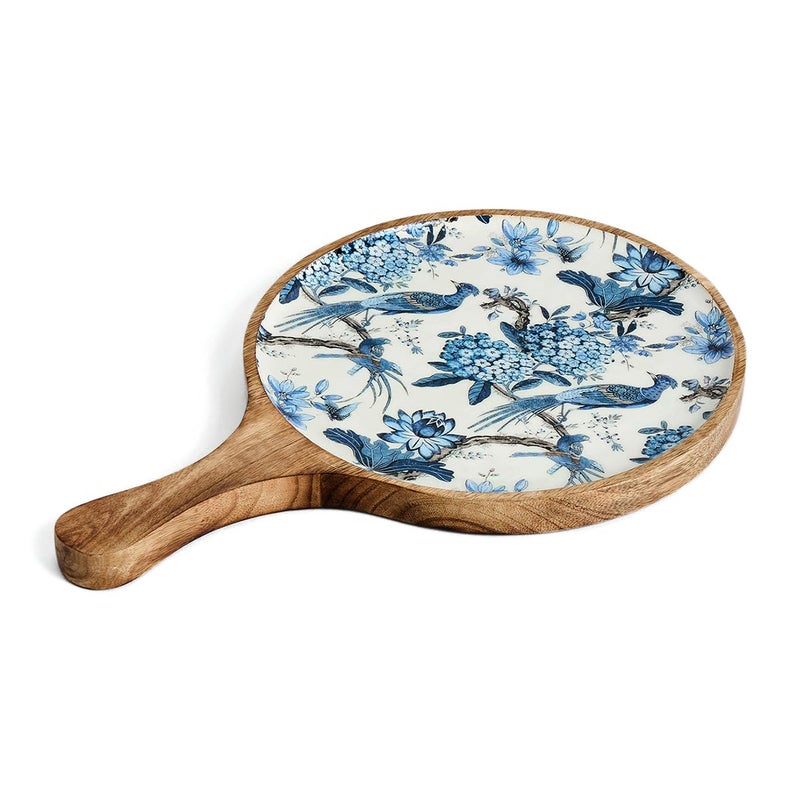 Saaga Gardenia Wooden Pizza Pan/Plate/Platter/Bat/Serving Tray with Handle for Home and Café | Snacks Serving Platter - 15x10In, Brown and White - Image 1